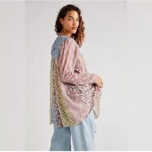 Free People Merrie Mix Tunic Lightweight Long Sleeve Oversized Blouse Sz Small